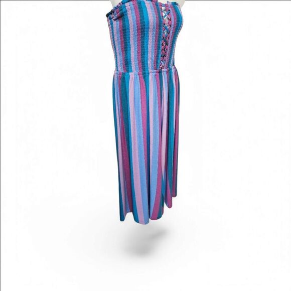 TORRID Plus Size lace-up cool stripe multi-color smocked culotte Jumpsuit - Picture 6 of 16